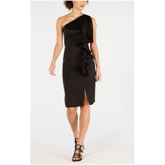 VINCE CAMUTO Women's Black Ruffled One-shoulder Satin Sheath Dress Size 10 Lined - Picture 1 of 9